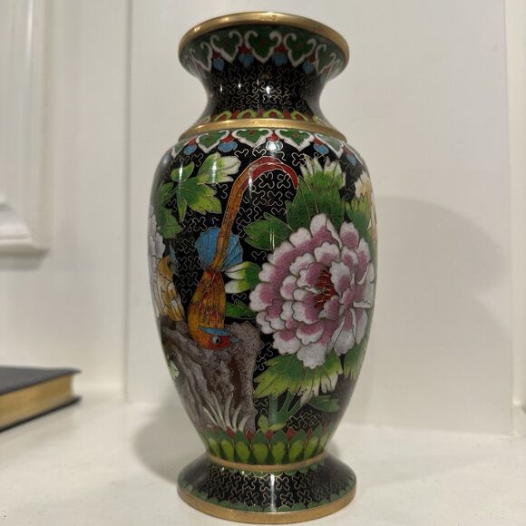 Vintage 70s Chinese Cloisonné Vase Peony & Bird Motif Black Enamel Brass Trim 8” - Picture 2 of 13
